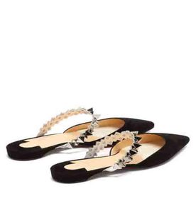 Summer Slipper Bride Shoes Flats Sandal S klackar spetsiga tå gliiter läderplanet choc spiked rem glitter backless loafers skor8914808