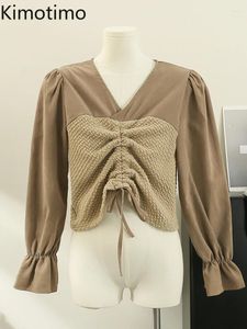 女性のブラウスKimotimo Design Women Shird Drawstring Folds v Neck Spliced Lengeveve Crop Top 2024 Autumn Fashion All Match Slim Fit