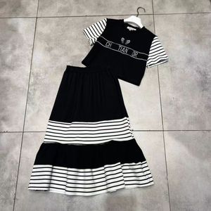 2024 spring/summer new chest butterfly letter embroidery black and white striped short sleeve T-shirt + elastic waist skirt women