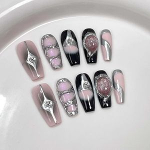 Falska naglar 10st Black Handmade Press On Nails Coffin Fake Nails Full Cover Gradient Metal Contrast Artificial Manicure Wearable Nail Tips Z240603