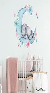 Akwarela śpiący słonia na księżycowym naklejce na ścienne z kwiatami do pokoju dziecięcego pokój dziecięcego naklejki ścienne PVC4491162