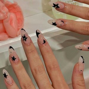 False Nails 24pcs Black Star False Nail Tips y2k Style Fake Nails Manicure Set Almond False Nail Patch for Girl Women Wearable Full Cover z240603