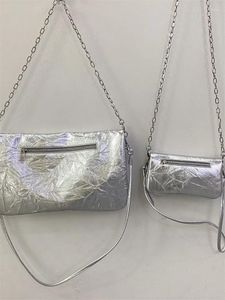 Waist Bags 2024 Ladies Silver Shiny Wrinkled Leather Shoulder Bag Classic Wing Decoration Chain Women Mini Crossbody