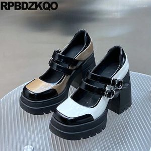 Dress Shoes Strap Multi Colored Platform High Heels Women Pumps Full Grain Leather Patchwork Extreme Belts Block Square Toe Mary Jane