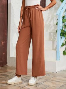 Kvinnors byxor Solid Textured Wide Leg Casual Elastic midja bundna kläder
