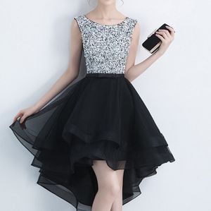 십대를위한 패션 블랙 짧은 칵테일 드레스 2024 스쿠프 비드 크리스탈 높은 낮은 얇은 명주 그릇 파티 홈 커밍 드레스 로브 드로이어