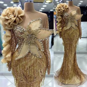 2024 ASO EBI PLUS TAMANHO GOLD Mermaid Prom Dress Crystal