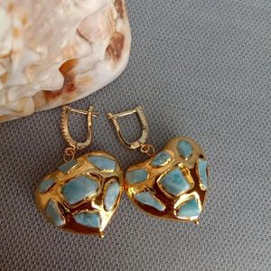 YYGEM Natural Blue Larimar Chips Pave Heart Shaped Yellow Gold color Dangle LeverBack Earrings 240603