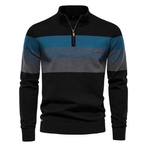 Herrtröjor Autumn Winter Mens tröja Half High Collar Color Matching Stripe Pullover Högkvalitativ manlig affär Casual Knitwear Sweaters Q240603
