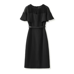 2024 Summer Black Solid Color Panel Dress Kort ärm Runda nacke midja bälte midi casual klänningar W4MA3019212