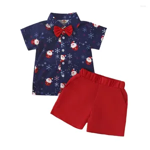 Giyim Setleri Toddler Bebek Bebek Noel Kıyafet Santa Baskı Kısa Kollu Düğme Aşağı Gömlek Katı Şortlar Set Beyefendi Kıyafetleri