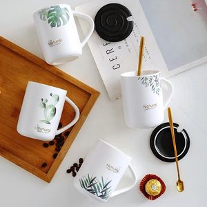 Mugs Ceramic Natural Plant Pint Coffee Mug Drinkware Lid Spoon High Temperature Resistance Creative Couples Cups Home Bar Gifts