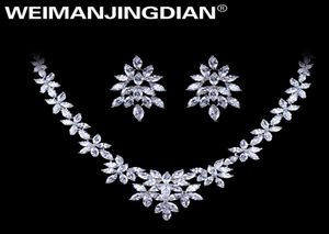 WEIMANJINGDIAN White Gold Color Plated Cubic Zirconia Floral Design Zircon CZ Necklace Earring Wedding Jewelry Sets D18101002173578104306