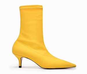 أحذية جورب باللون الأحمر الأصفر المدببة بأحذية قدم ميدكالف نساء عالي الكعب أحذية الكاحل للنساء أحذية Botas Mujer1174548