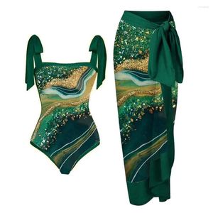 Zielone nieregularne teksturowane nadruk mody stroju kąpielowego Modna moda szykowna damskie damskie damskie bikini kwadratowy kołnierz luz w koronka na plażę