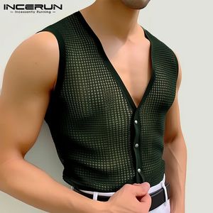 Сексуальная мода в стиле Tops Incerun Men Hollow Square Tank Casual Party Show Allmatch Seethrough Mesh Vneck Vests S5XL 240527