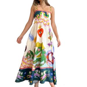 Casual klänningar elegant tryck färgglada lång klänning kvinnor hög midja spaghettirem rygglösa sexiga damer sommarstrand vaction robe