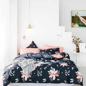 Bedding Sets Navy Blue And Peach Flower Print Summer Duvet Cover Set Cotton Bed With Flat Sheet Comforter Pillowcases