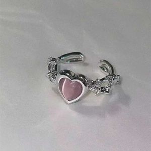 Para pierścieni y2k modny różowy pierścień sercowy kocie oko brzoskwiniowe serce Regulowane kobiety Pierścień premium