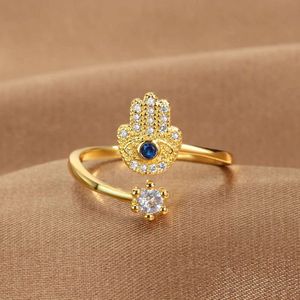 Hamsa Fatima s Hand Open Rings Turkish Blue Cubic Zircon Evil Evil Eye Ring Protection Amulet Islamic JE Jewelry