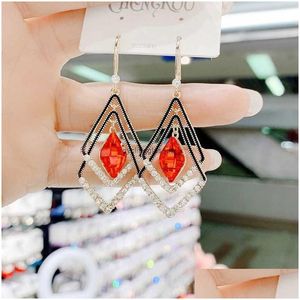 Pendant Necklaces 2024 New Korean Double Layer Diamond Crystal Earrings With Micro Set Mesh Red Temperament Versatile And Blue Drop De Otpy9