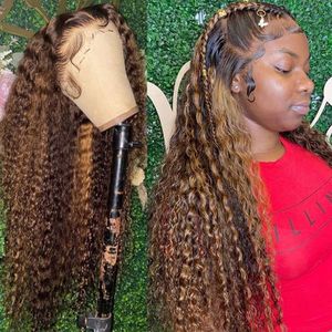 Long Brown/Blonde Highlight Wig Deep Wave Brazilian Lace Frontal Wig Ombre Curly Water Wave Lace Front Wigs Synthetic For Women Dcusl