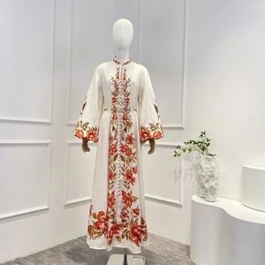 Casual Dresses 2024 Spring Summer Linen Top Quality Vintage Elegant Floral Printing Beige Lantern Sleeve Woman Midi Dress