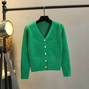 Męskie swetry francuskie zabytkowe rękawy damskie damskie dzianiny kardigan nowy design cekinowy diamentowy wzór Pełny rękaw zielony sweter Top Q240603