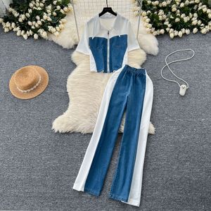 Kadınlar için Boş Zaman ve Minimalist Denim Patchwork Set Summer Polo Neck Fermudied Üst+Yüksek Belli Geniş Bacak Dalgalı Pantolon