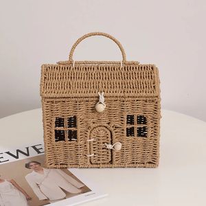 Moda Rattan Mulheres Bolsas de ombro Bolsas Cartoon Little House Wicker Tecida Bag Crossbody Summer Beach Salt Bolsa Lady Senhoras 240531