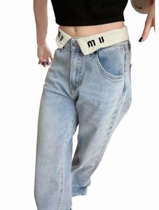 Kvinnors jeans höga midja mager jeans med vit lapel bokstavsdesign och rak längd denim byxor c373#