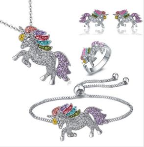 New Fashion High Quality Children Unicorn Adjustable Bracelet Necklace Ring Earrings Set Jewelry Lucky Baby Jewelry Set Gift5646431