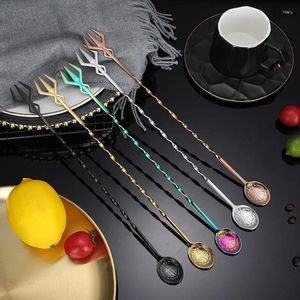 Coffee Scoops 32Cm Long Handle Cocktail Spiral Mixing Spoon Fork Stainless Steel Whisky Stir Rod Bartender Muddlers Bar Kitchen Accessories