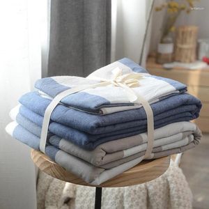 Bedding Sets Blue Big Plaid Japanese Style Cotton Wash 3/4pcs Sets(duvet Cover Flat Sheet Pillowcase)