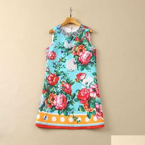 Basic Casual Dresses 2024 Summer Green Floral Print Beaded Jacquard Dress Sleeveless Round Neck Polka Dot Rhinestone Short S4F2102 Dhcq5