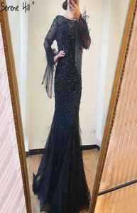 Srebrne długie rękawowe sukienki Dubai Design Sukienki Oneck Feathers Crystal Luksusowe suknie wieczorowe Suknie Serene Hill LJ2011251030676