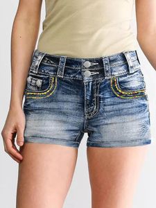 Frauen Jeans bestickte Jeans Shorts Doppelknöpfe Retro Casual Style Slim Fit gewaschene farbenfrohe Stickerei