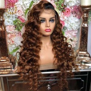 Nova onda profunda Ombre Brown Colorido Lace Frontal Wig Human Hair Wig 180 Peruca sintética de densidade para mulheres negras Idvrl