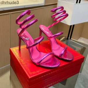 Rene Caovilla Cleo Rhinestones-Studded Stiletto Sandals 9.5cm Square Head Snake Strass 발목 랩 어라운드 Stiletto Womens High Heels Luxury Designer Shoes 43