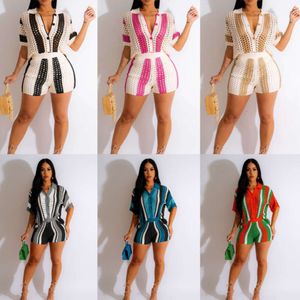 Designer Women 2 Two Pieces Short Pants Sexy Hollowed Out Perspective Lapel Knitted Short Sleeve And Shorts Set