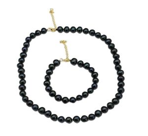 Real Natural Peacock blue Black Round Pearl Necklace Bracelet Sets Simple Gift For Lady Girls6403079