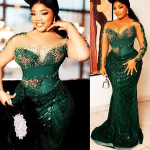 2024 Aso Ebi Plus Size Dark Green Mermaid Prom Dress Lace Beaded Crystals Evening Formal Party Second Reception 50th Birthday Engagement Thanksgiving Gowns Dresses