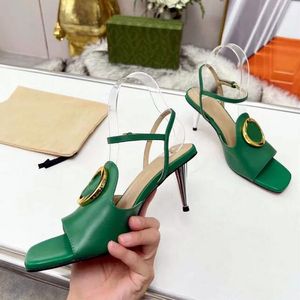 Designer women's high heel sandals Summer Fashion leather slippers Sexy Party shoes Designer shoes Gold buckle High Heels Hotel Fashion heels with box 35-42