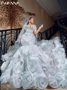 Modest Long Sleeve Bridal Dress Sparkly Sequins Rhinestones Wedding Gown 3D Flower Mermaid Bride Robe Vestido De Novia