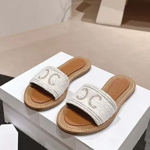 Designer Women's Sandals Top Quality Canvas Slides Shoes For Ladies Classic Ultra Fashion Beach Calf Leather Slipper Storlek 35-42 med låda