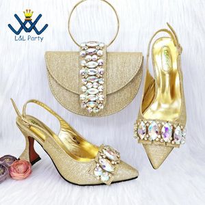 Dress Shoes Design Pumps Match Hand Bag In Gold Color Comfortable Thin Heels Nigerian High Quality And Set For Wedding