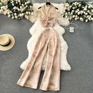 New Chinese style Chinese style suit for women with a pure desire for luxury. Sleeveless neck hanging top+high waisted casual wide leg pants two-piece set