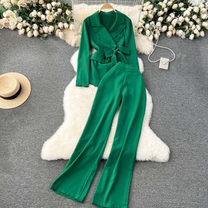 High end and elegant dressing for ladies a stylish two-piece suit with tie up waist slim and long wide leg pants