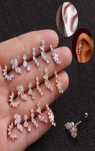 Womens Girls Curved CZ Zircon Crystal Lage Stud Earrings Rook Conch Screw Back Earring Ear Piercing Costume Smycken Hoop Huggie1695784