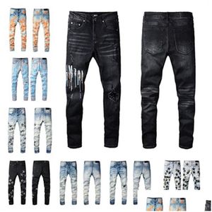 Mäns jeansdesigner Mens denim broderi byxor mode hål byxa oss storlek 28-40 hiphop dog blixtlåsbyxor för manlig 2024 topp dhtt2